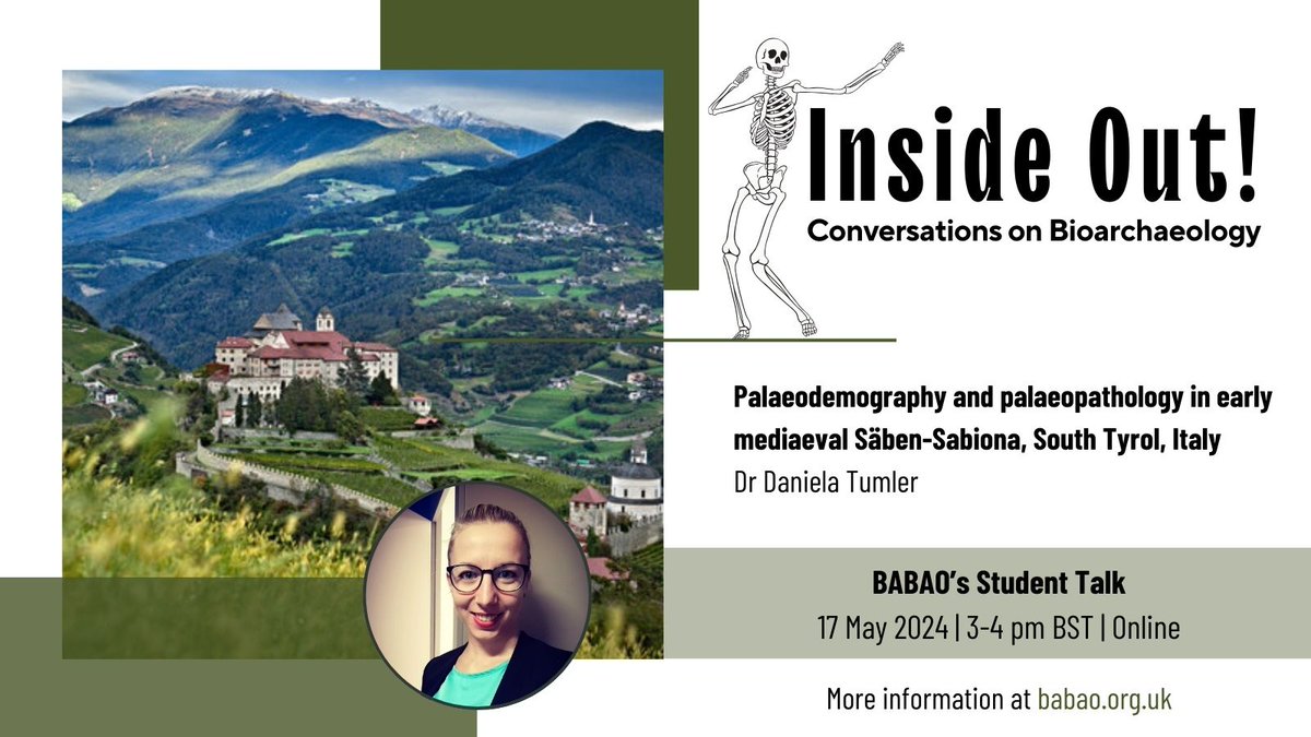 Join us and Dr @d_tumler for the inaugural talk of 'Inside Out! Conversations on Bioarchaeology', BABAO's new student talk series💀

📅 17 May 24
🕒 3pm BST
📌Online

More info 👉 babao.org.uk/join-our-first…

#Bioarchaeology #Osteoarchaeology #Palaeodemography #Palaeopathology