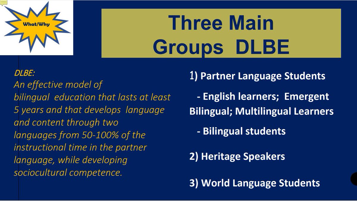 Three Main Groups DLBE:

☑️Partner Language Students
☑️Heritage Speakers
☑️ World Language Students

Join the #3WsDualLanguage webinar to learn more: ow.ly/GqzY50RsoPr