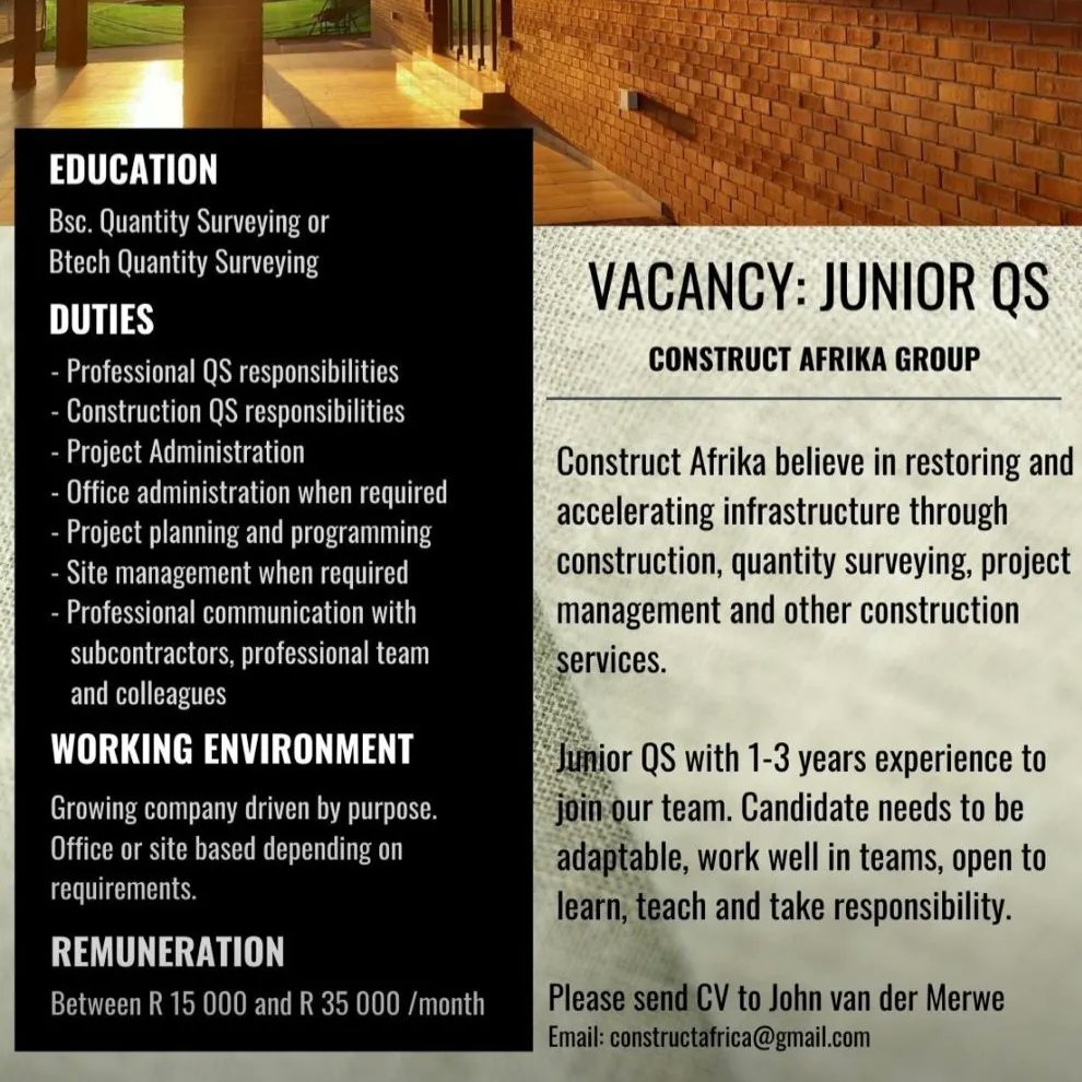 Job opportunity! Tag a friend💯👊

#quantitysurveying #quantitysurveyor #construction #jobopportunity #uj