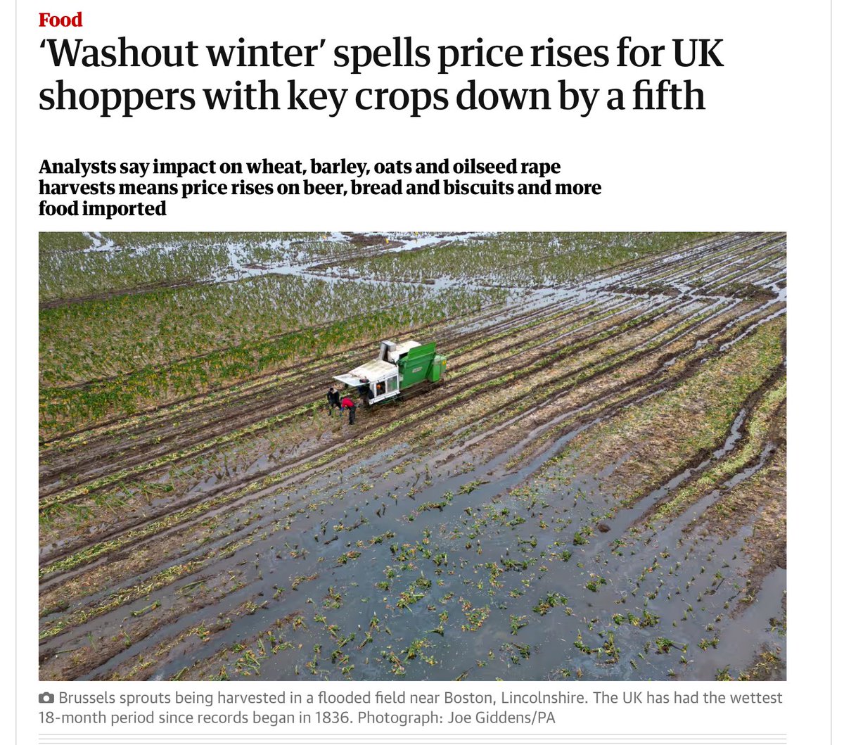 ‘Washout winter’ spells price rises for UK shoppers with key crops down by a fifth’ Farming can work with the future proofing, and diversifying of local food production with public money. How, by restoring nature, putting our trees back in to the right places, whilst improving