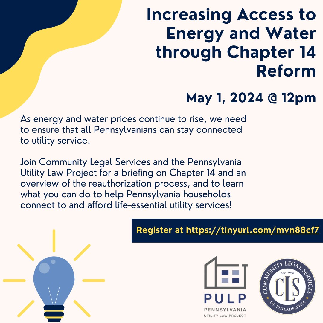 Happening TOMORROW! CLS and the Pennsylvania Utility Law Project are teaming up to host a webinar on how YOU can help ensure all Pennsylvanians stay connected to life-essential utility services. Register at tinyurl.com/mvn88cf7