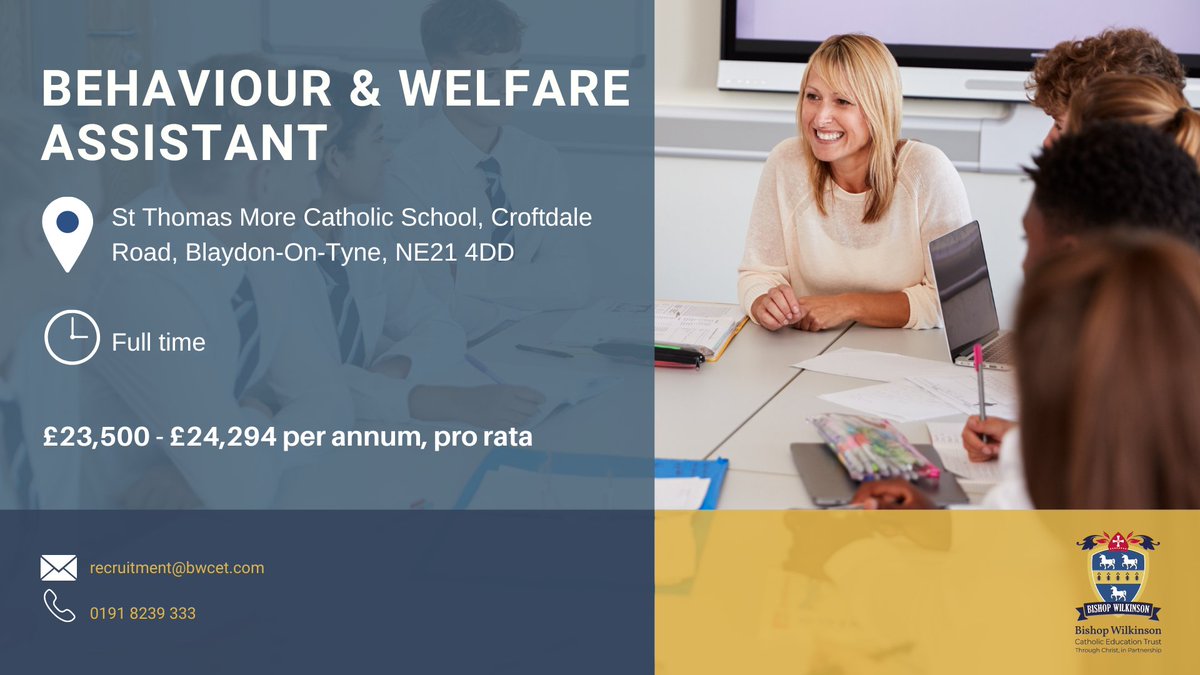 We have an exciting opportunity for a Behaviour & Welfare Assistant to join St Thomas More Catholic School. 
northeastjobs.org.uk/job/Behaviour_…
#BWCET #Education #Lookingforwork