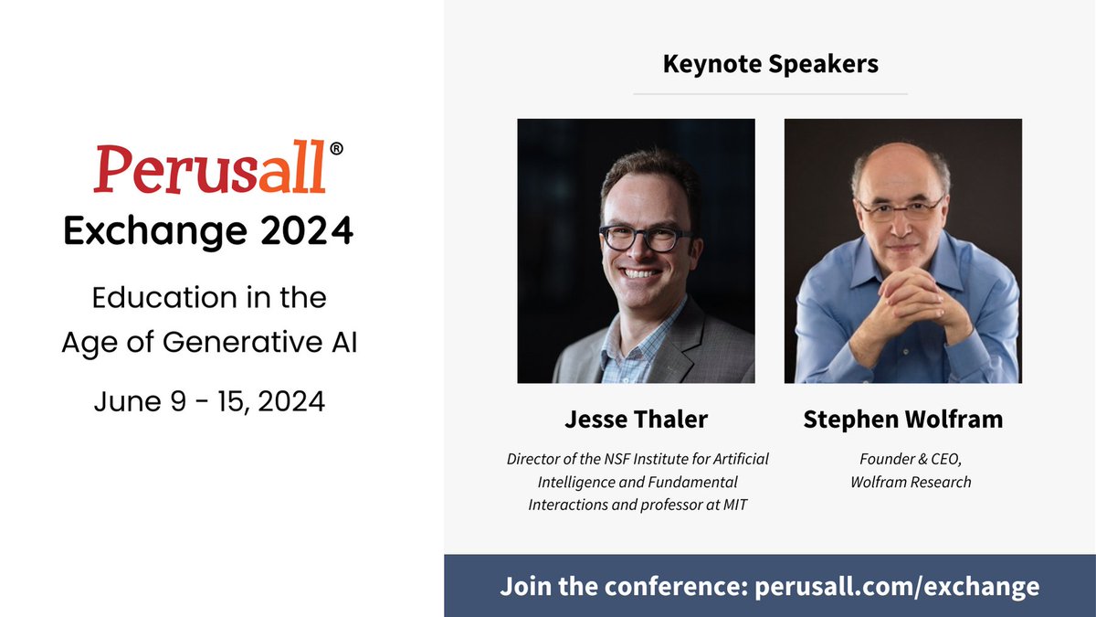 Eric Mazur (@eric_mazur) on Twitter photo Super excited to announce the #PerusallExchange 2024 keynote speakers <a href="/stephen_wolfram/">Stephen Wolfram</a> (CEO/founder Wolfram Research) and <a href="/MIT/">Massachusetts Institute of Technology (MIT)</a> Prof. Jesse Thaler (Director, Institute for AI & Fundamental Interactions). Don't miss this! register hubs.li/Q02vyhqw0 #AI #teaching Super excited to announce the #PerusallExchange 2024 keynote speakers <a href="/stephen_wolfram/">Stephen Wolfram</a> (CEO/founder Wolfram Research) and <a href="/MIT/">Massachusetts Institute of Technology (MIT)</a> Prof. Jesse Thaler (Director, Institute for AI & Fundamental Interactions). Don't miss this! register hubs.li/Q02vyhqw0 #AI #teaching