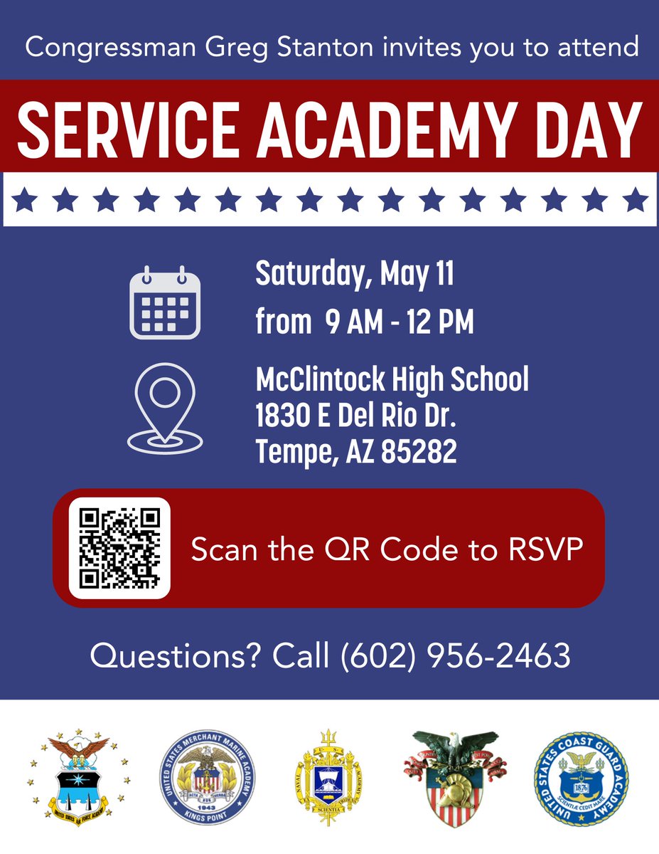 Are you interested in attending a U.S. Service Academy? My office is hosting our annual Service Academy Day in Tempe in May. This event is open to students, parents and educators who have questions about the admissions and nominations process. RSVP at bit.ly/az04academyday.