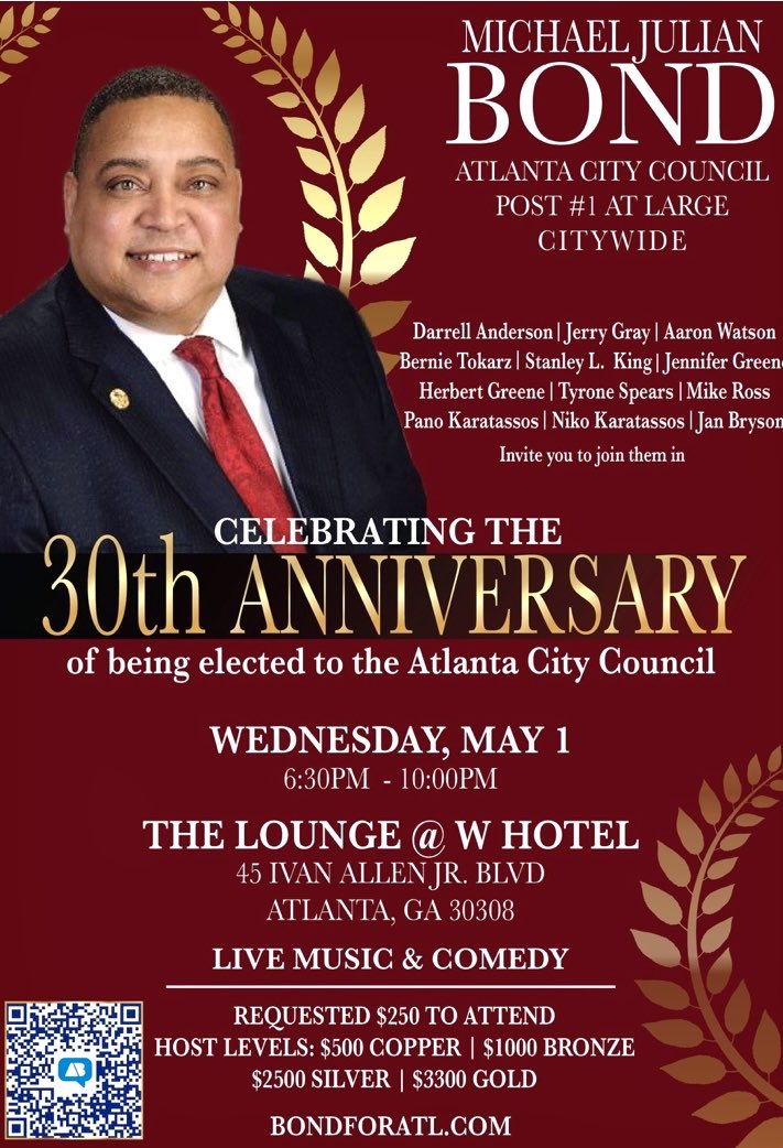 Please come and help us celebrate the 30th anniversary of elected public service of MIchael Julian Bond, May 1, 2024 6 PM at the W hotel!