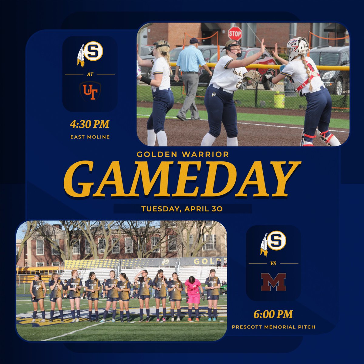 It’s Tuesday #GameDay! 🥎at United Township in a battle of the top 2 teams in the #WB6 ⚽️at home against perennial #WB6 power Moline Let’s #GOldenWARRIORS!