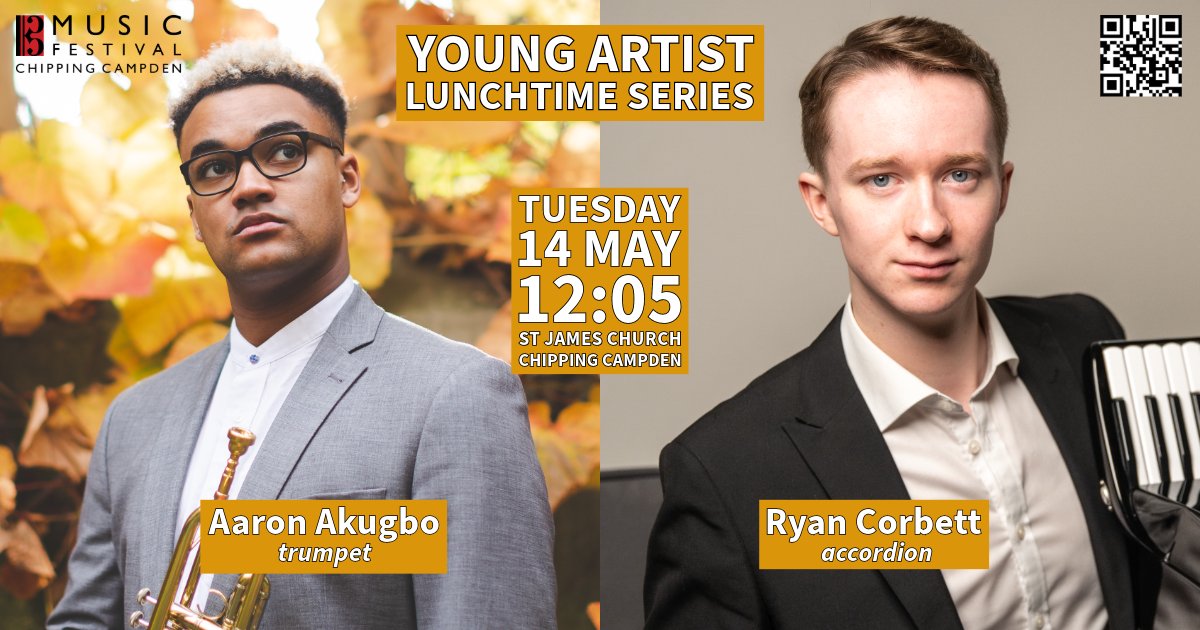 2 weeks to go until our first Young Artists Lunchtime concert on the 14th May at 12:05 - come and hear the thrilling #trumpet of @RoyalPhilSoc nominee Aaron Azunda Akugbo along with astonishing accordionist Ryan Corbett. Tickets here tinyurl.com/Aaron-Akugbo (free for students)