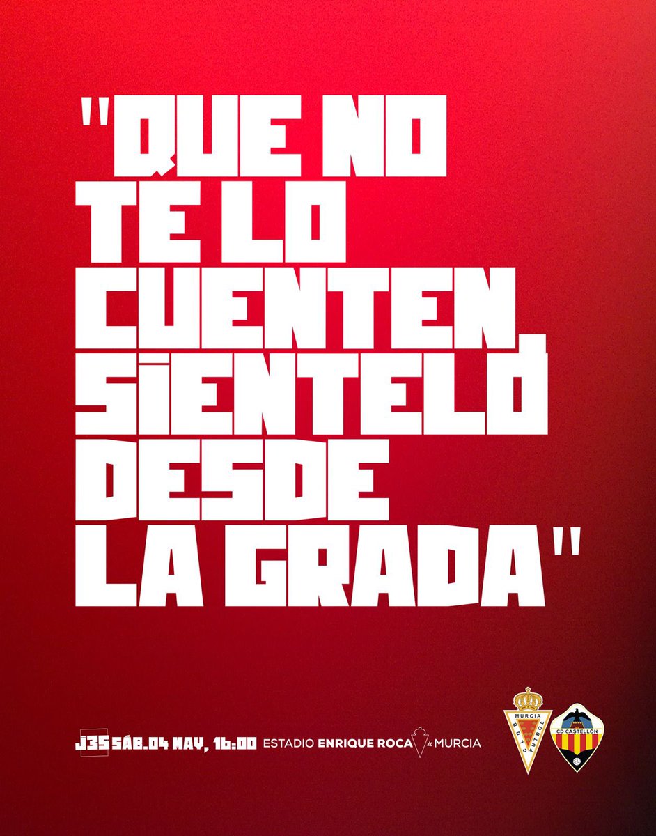❤️🤍 “𝗤𝗨𝗘 𝗡𝗢 𝗧𝗘 𝗟𝗢 𝗖𝗨𝗘𝗡𝗧𝗘𝗡. 𝗦𝗜𝗘́𝗡𝗧𝗘𝗟𝗢 𝗗𝗘𝗦𝗗𝗘 𝗟𝗔 𝗚𝗥𝗔𝗗𝗔” 🎟️ ¡¡¡𝘏𝘈𝘡𝘛𝘌 𝘊𝘖𝘕 𝘛𝘜 𝘌𝘕𝘛𝘙𝘈𝘋𝘈 𝘠𝘈!!! realmurcia.compralaentrada.com #RealMurciaCastellón