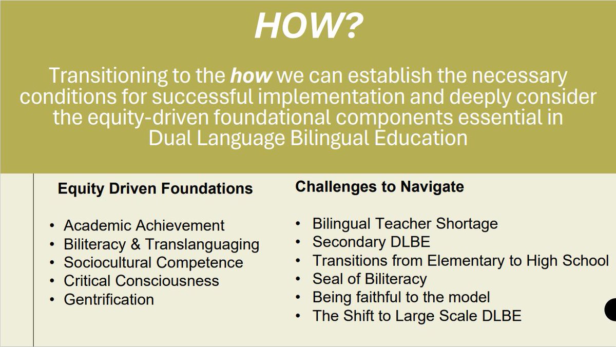 Establishing successful implementation requires understanding equity-driven foundations and navigating challenges. Some challenges include:

🔸Bilingual teacher shortage
🔸Transition from elementary to high school
🔸Commitment to the model

#3WsDualLanguage