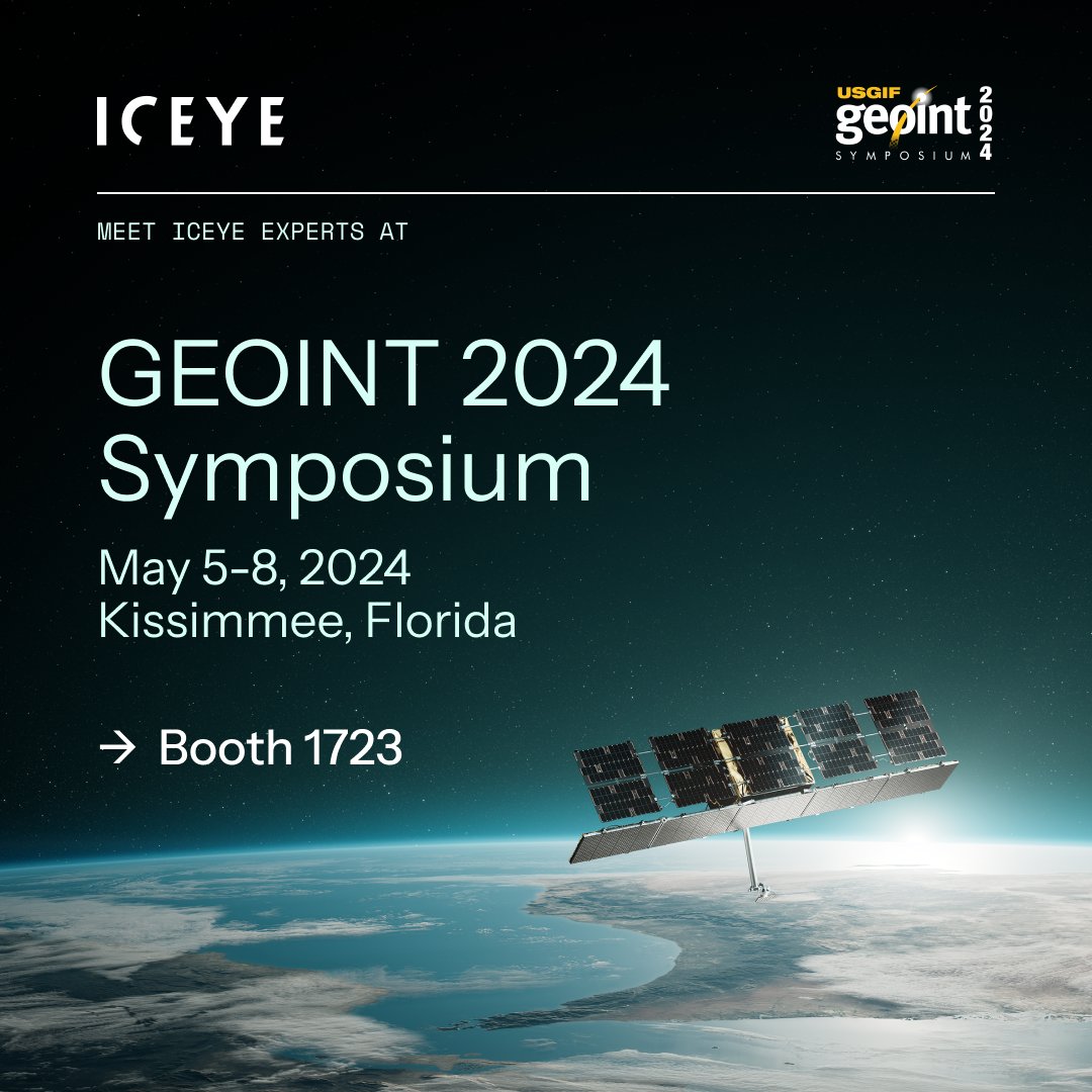 Meet our team at #GEOINT2024 already on Sunday! Find us at Booth 1723 and learn about ICEYE’s radar satellite constellation and the latest products — best-in-class Dwell Fine imaging mode and ICEYE Ocean Vision Detect #SAR derivative for rapid maritime responsiveness.
