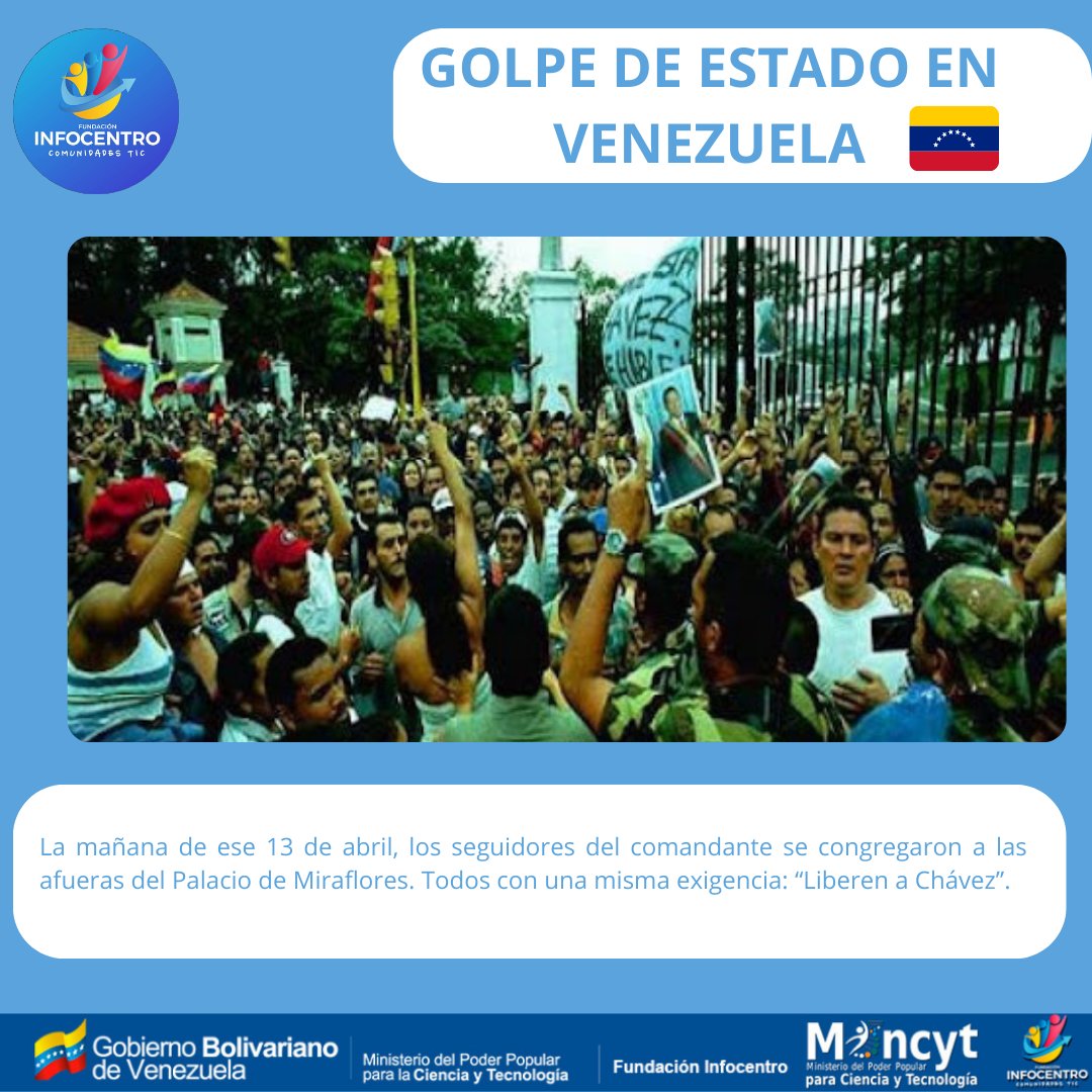 '¡Recuerda la historia! 🇻🇪 #PuebloComunicador se levanta en memoria de los sucesos del 11, 12 y 13 de abril del 2002 en Venezuela. La fuerza del pueblo comunicador prevalece, uniendo voces, informando verdades. #Infocentro: donde la comunicación es poder. 
@BrigadasCHCH