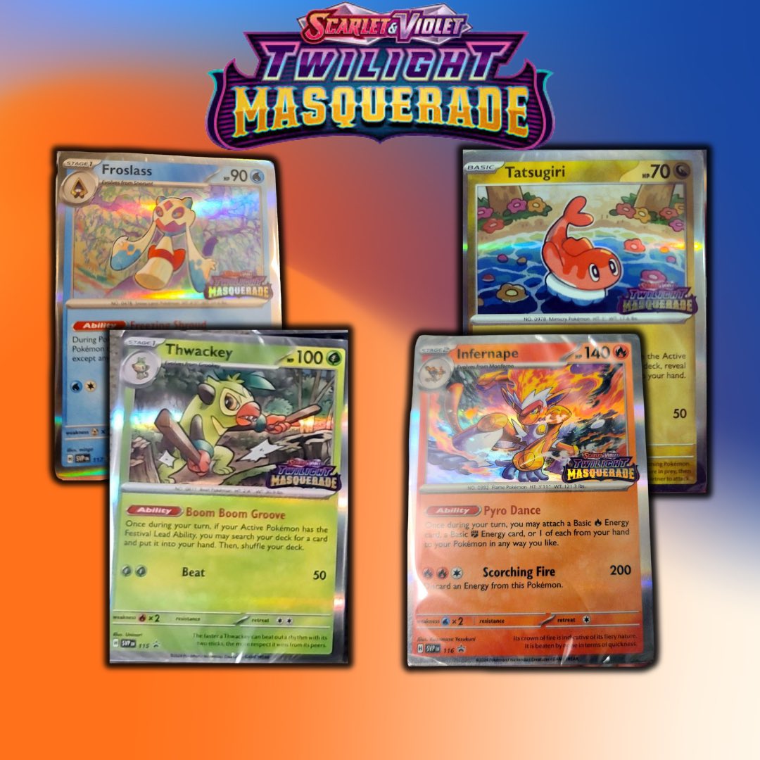 The Fourth Scarlet & Violet Twilight Masquerade Prerelease  Promo has now been reveaked!! Thwackey!! 🐒 🍃 🥁 

Here’s a look at all 4!!

Which of the 4 is your personal favorite???

@Pokemon @PokemonTCG 

Like, comment, follow, RT!

🚨NOT A GIVY🚨

#pokemon #tcg #pokemontcg