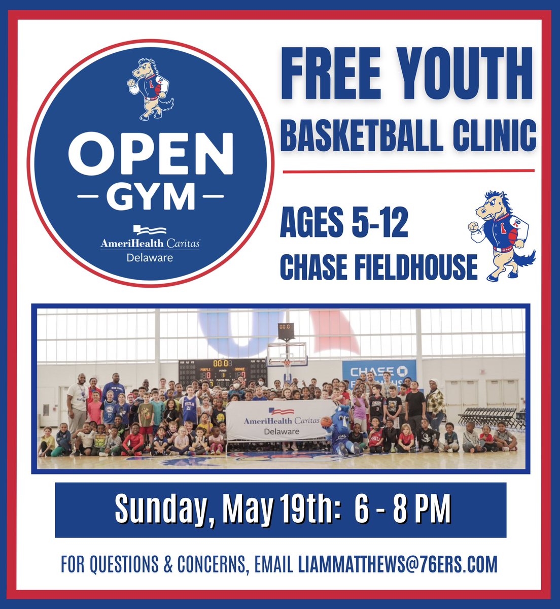 join us for our LAST open gym of the season on May 19th from 6-8pm at Chase Fieldhouse!⛹️‍♂️ 🔗 shorturl.at/dijmH #GetYourCoatsOn | AmeriHealth Caritas Delaware