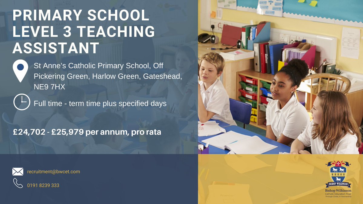 St Anne’s Catholic Primary School have an exciting opportunity for a Teaching Assistant (Level 3) to join our team. 

northeastjobs.org.uk/job/Primary_Sc…
#BWCET #TeachingAssistant #Lookingforwork