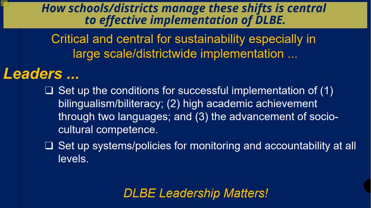 Leadership is critical for sustainability in large-scale district-wide implementation. Stay tuned to hear from our panel of experts sharing insights on #DLBE programs and how they implement dual language in their school programs! #3WsDualLanguage