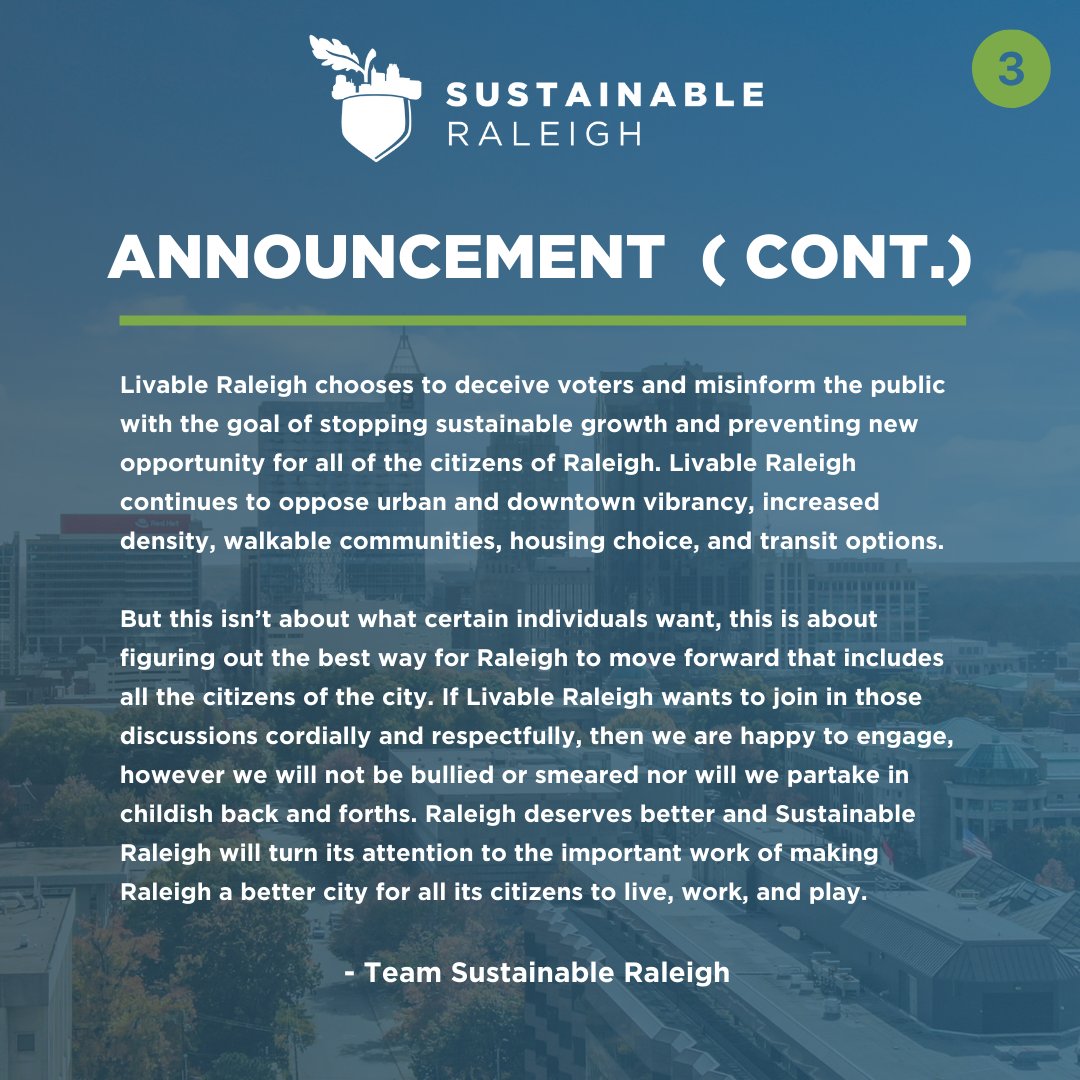 Sustainable Raleigh will not tolerate organizations and/or people who partake in bullying and deception towards us, or the citizens of Raleigh.

Read the full statement here: sustainableraleigh.org/communityblog/…

#ralpol #raleigh #nc #sustainableraleigh