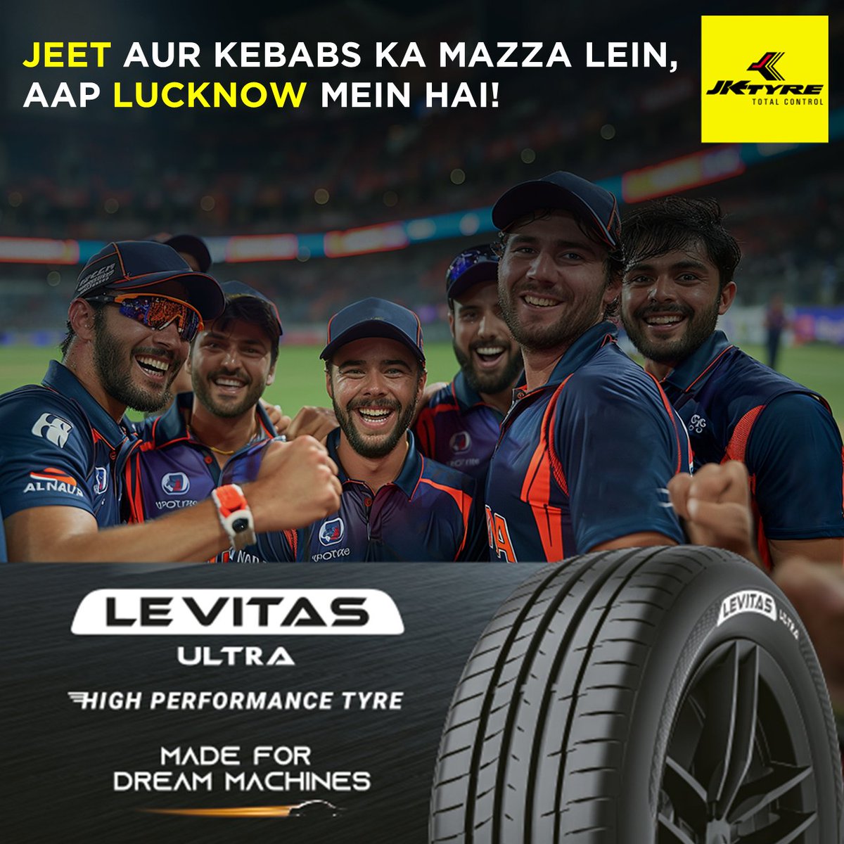 A premium victory that would boost all hearts and the Net Run Rate Too! Switch to the #Levitas Ultra Tyre, from JK Tyre, made for dream machines, and experience premium-quality tyres and luxury-class rides. #JKTyre #IndianT20League #Lucknow #Mumbai