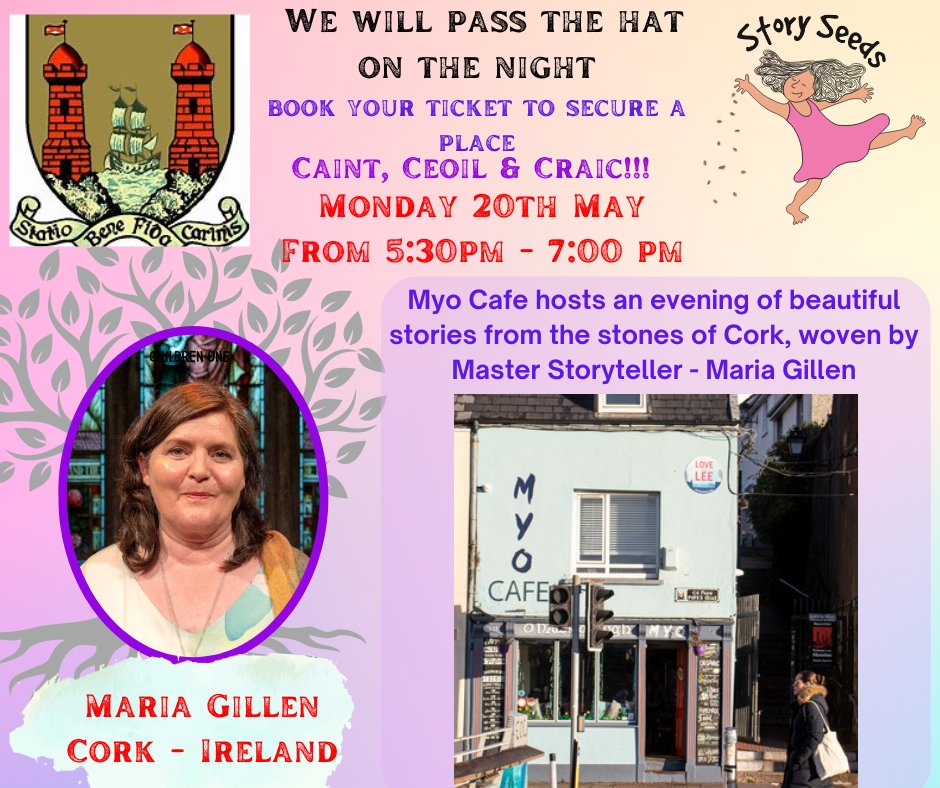 Are you in Cork on Monday 20th May? Are ya STARVING for great stories from the Banks of the Lee and the Stones of Cork? Sure come along to Myo Cafe at 5:30 for stories and a cuppa until 7pm. Book your seat as places are limited. eventbrite.com/e/894461918677…