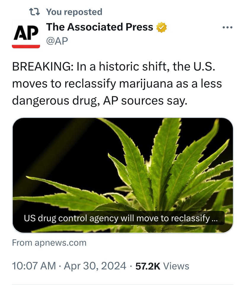 Cannabis + astrology. 🔌🤯 Jupiter and Uranus conj in Taurus in 1941 - Cannabis was removed from the U.S. Pharmacopeia Jupiter and Uranus conj in Taurus in 2024- The DEA *finally* admit weed has medical value and reschedule, AP news internal sources say. apnews.com/article/mariju…