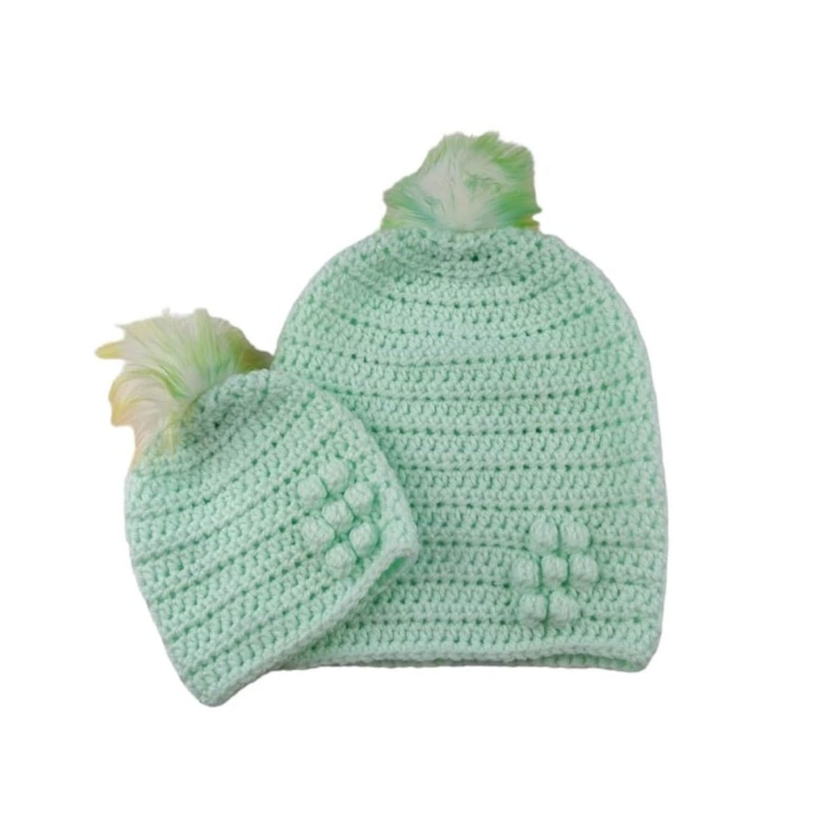 Stay stylish with these handmade green crocheted hats, perfect for mummy and baby. Adorned with a flower detail and detachable faux fur pompoms. Get yours today! knittingtopia.etsy.com/listing/168535… #MummyAndBaby #HandmadeHats #knittingtopia #etsy #craftbizparty #MHHSBD