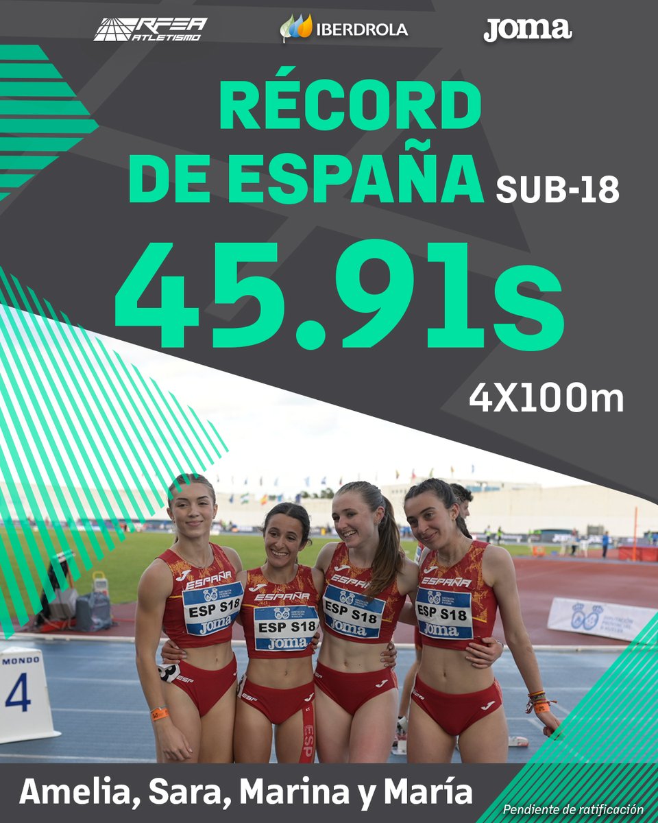 ✨¡NUEVO RÉCORD DE ESPAÑA SUB-18!✨

🏃‍♀️Amelia Grace, Sara Navarro, Marina Delgado y María Retana en el 4x100m

🚀45.91s🚀

#ContinentalTour #MeetingHuelva