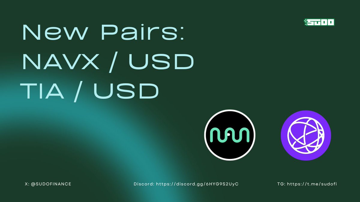 🪩 NAVX and TIA now available on Sudo! Catch the alphas from @navi_protocol and @CelestiaOrg! Happy Trading! app.sudo.finance/trade