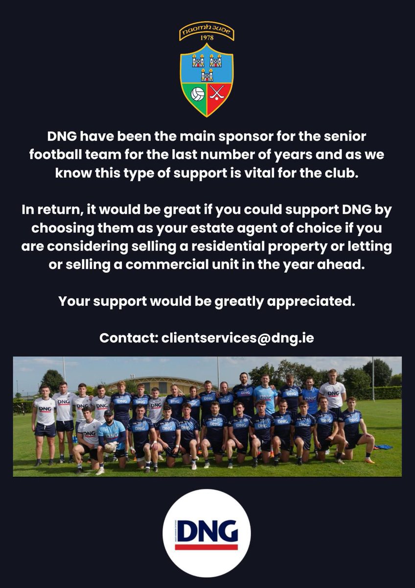 A big thanks to @dng_ie for their continued support of our Senior Football team. Please choose them as your estate agent if you are thinking of selling or renting residential & commercial properties. Contact clientservices@dng.ie for further details