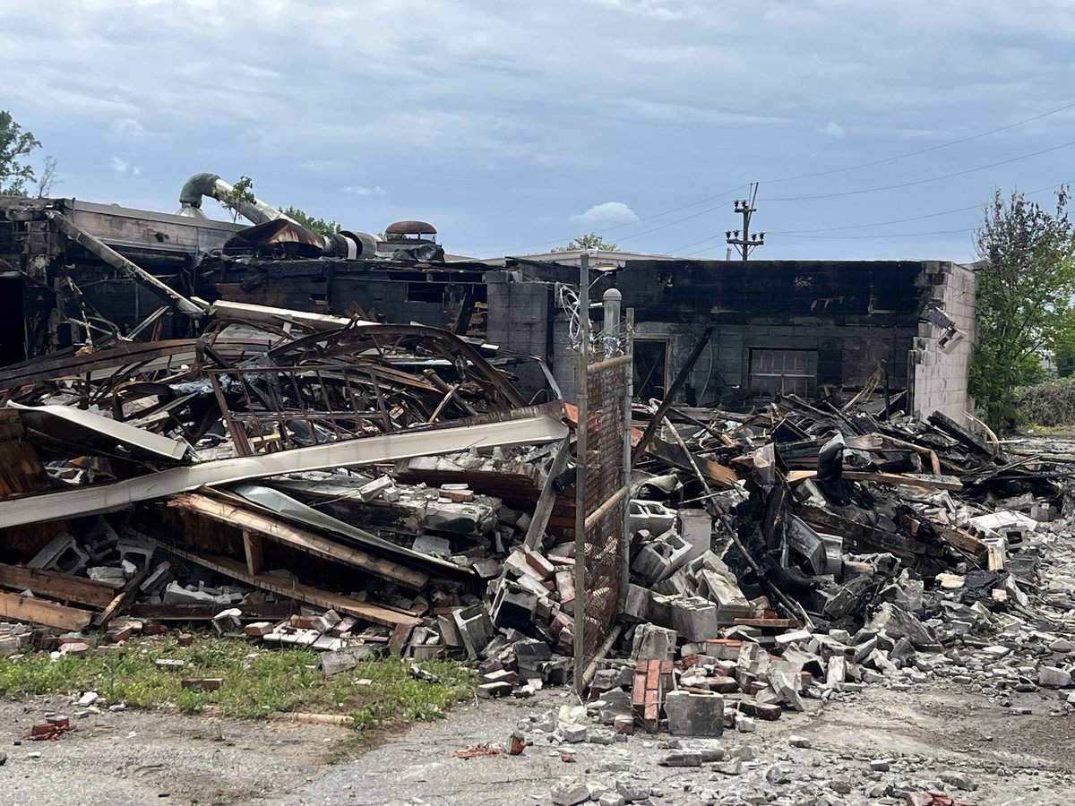 What's left of the former Bud Moore Engineering building in Spartanburg after a late night fire Monday. The Spartanburg Fire Marshal says the cause is still under investigation.