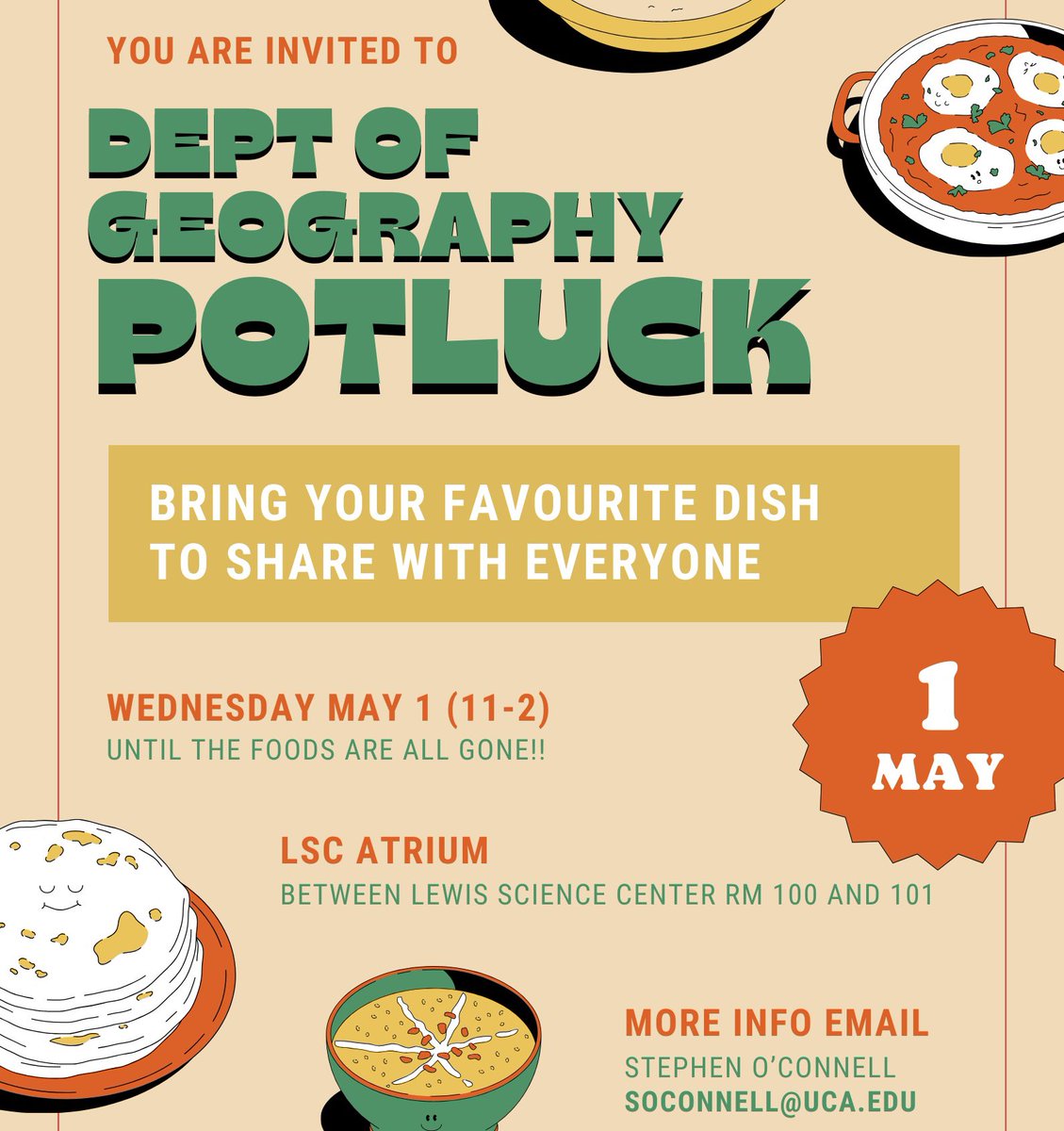 Need a break from finals? Come by UCA Geography at the front of Lewis Science Center on Wednesday, May 1, starting at 11am. We’ll have some tasty food and some distracting geo-themed games to help lower those exam week stress levels!