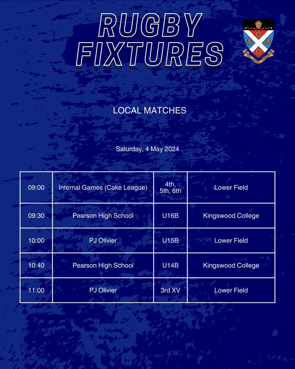 WEEKEND RUGBY FIXTURES We have an exciting weekend of Rugby ahead of us! The U14A, U15A, U16A and 1st XV will be playing in The Standard Bank Grey High Rugby Festival on 2 & 4 May. Some of our other Rugby teams will be playing against Pearson High School & PJ Olivier.