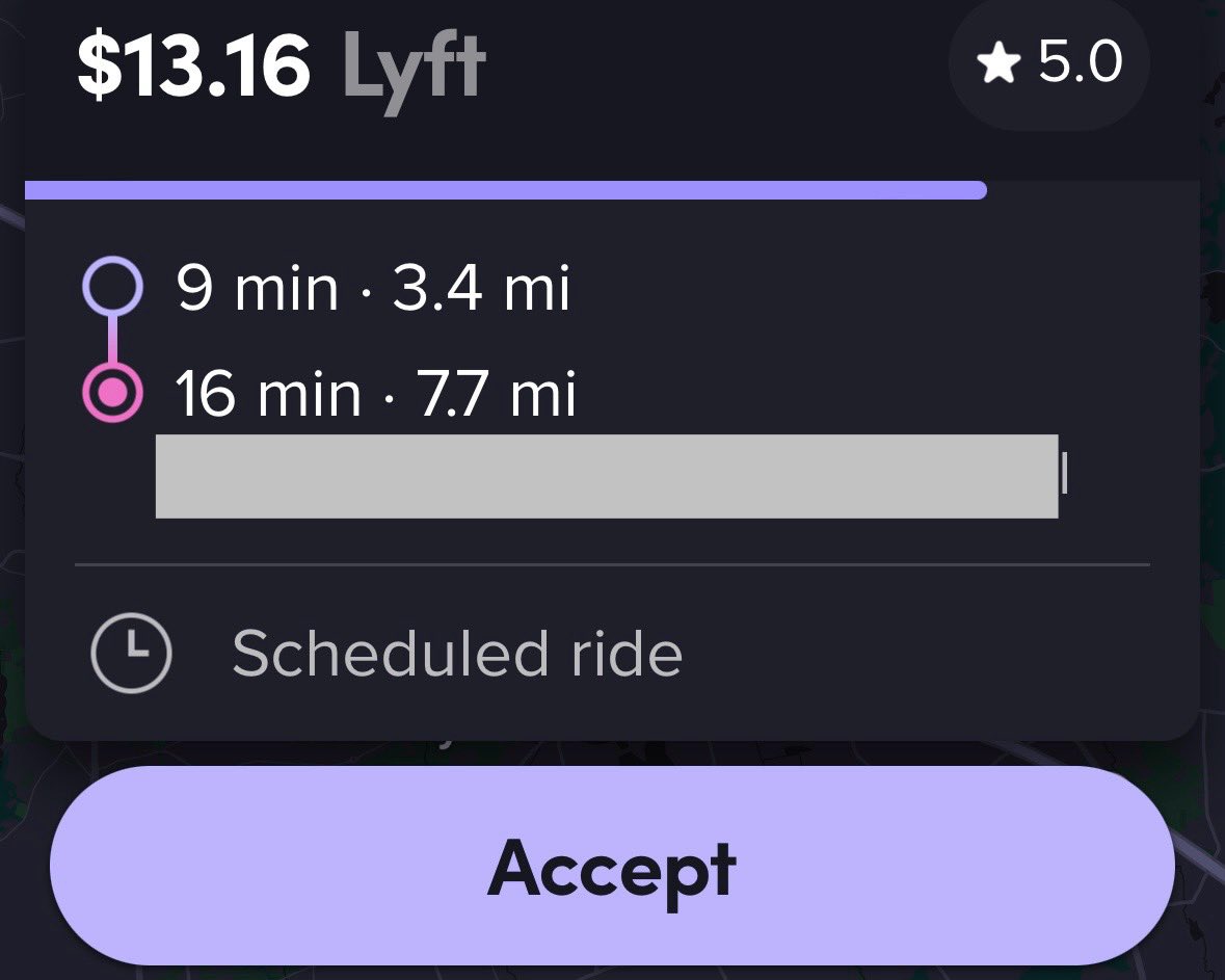 Just checked a “$14 ride” on the map. 26 minutes to the far end of a peninsula that will most likely mean deadheading back 20 min, too.

They then send me the ride directly, for 6% less at $13.16. This was a “Scheduled Ride” that no one wanted.

This pricing model is failing.