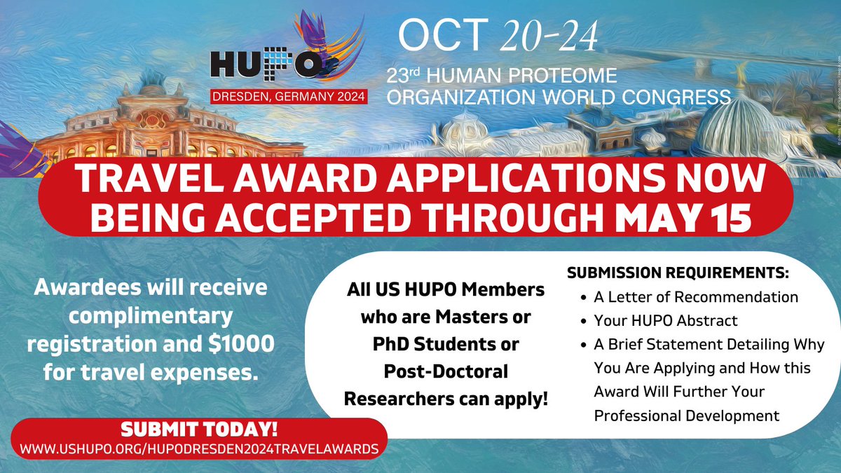 Interested in attending HUPO 2024 in Dresden, Germany in October this year? Calling all US HUPO members who are Masters, PhD students or post-doctoral researchers! Application deadline May 15th! ushupo.org/hupodresden202…