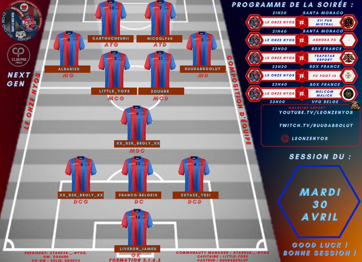 Bonsoir amis supporters !

Voici pour vous la composition de ce soir pour nos ducks ainsi que le planning ! 

Nous souhaitons à nos adversaires ainsi qu'à toutes les équipes qui jouent ce soir d'excellents matchs et que le meilleur gagne !

Let's go the win ! Forza Nyos 💪🔥!