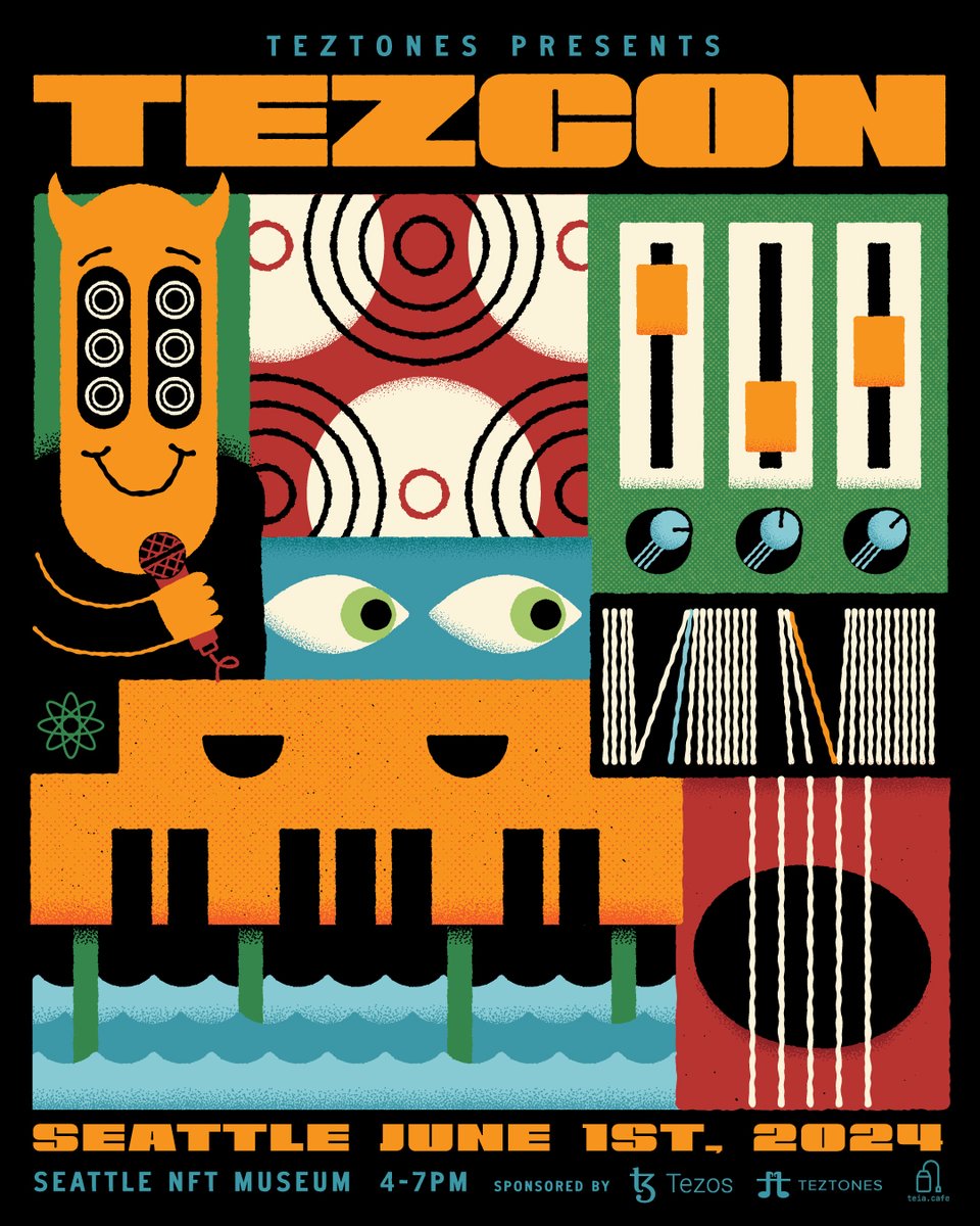 Presenting the official #TezCon poster!!

June 1st we'll be rocking out the <a href="/seanftmuseum/">Seattle NFT Museum</a> with a bunch of other amazing projects and artists!

RSVP to the Eventbrite link below 👇

Big thanks to <a href="/mightymoss/">mightymoss</a> for this amazing design!!
