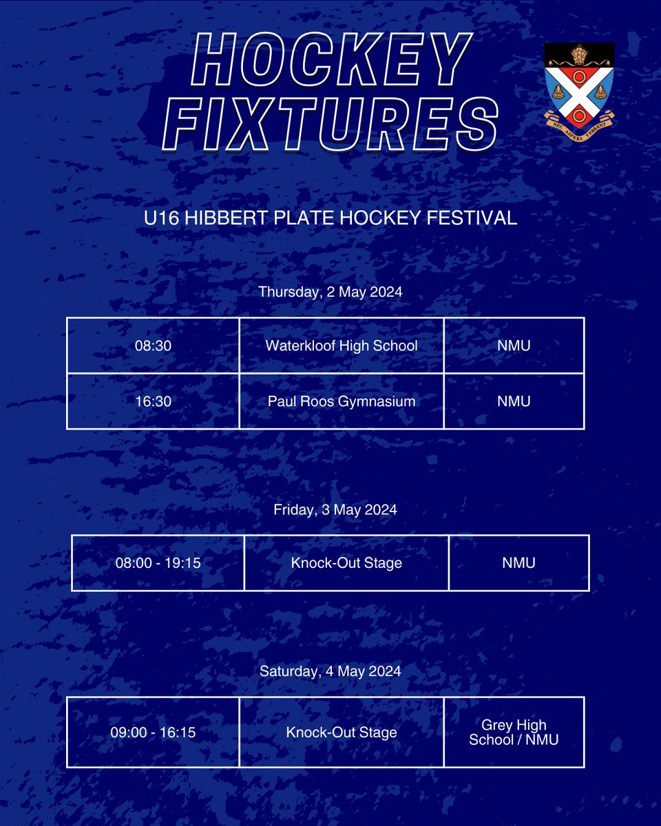 WEEKEND HOCKEY FIXTURES Our U14A and U16A hockey teams will be participating in the Hibbert Plate Hockey Festival in Gqeberha this weekend. Good luck boys!