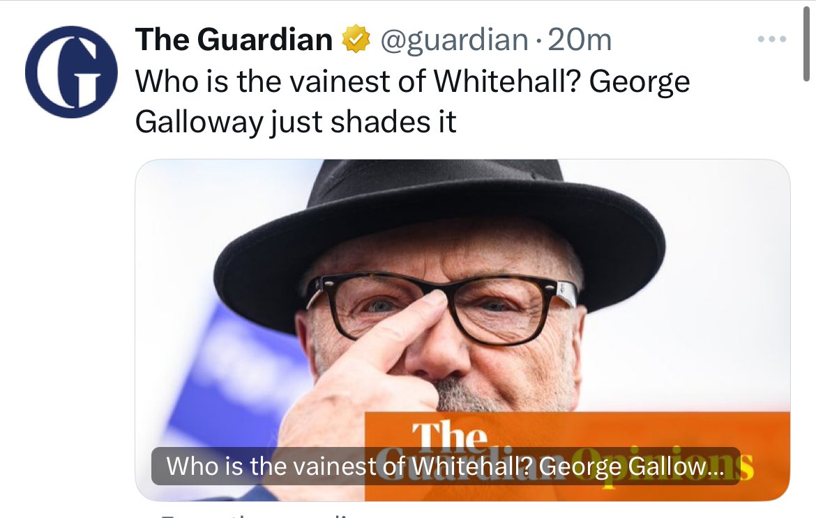 Galloway certainly is immensely vain but get back to me once he’s deliberately stoked screaming hate campaigns against his own party and smashed everyone into Johnson and hard Brexit, because a Britain where you and your mates aren’t central and terribly important is unthinkable.