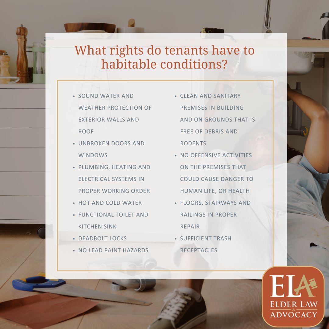 In California, tenants have legal rights to habitable rental properties that are safe and suitable for living. 

Is your landlord failing to provide habitable conditions? ELA can help.

#elderlaw #seniors #seniorcitizen #legalhelp #legalservice