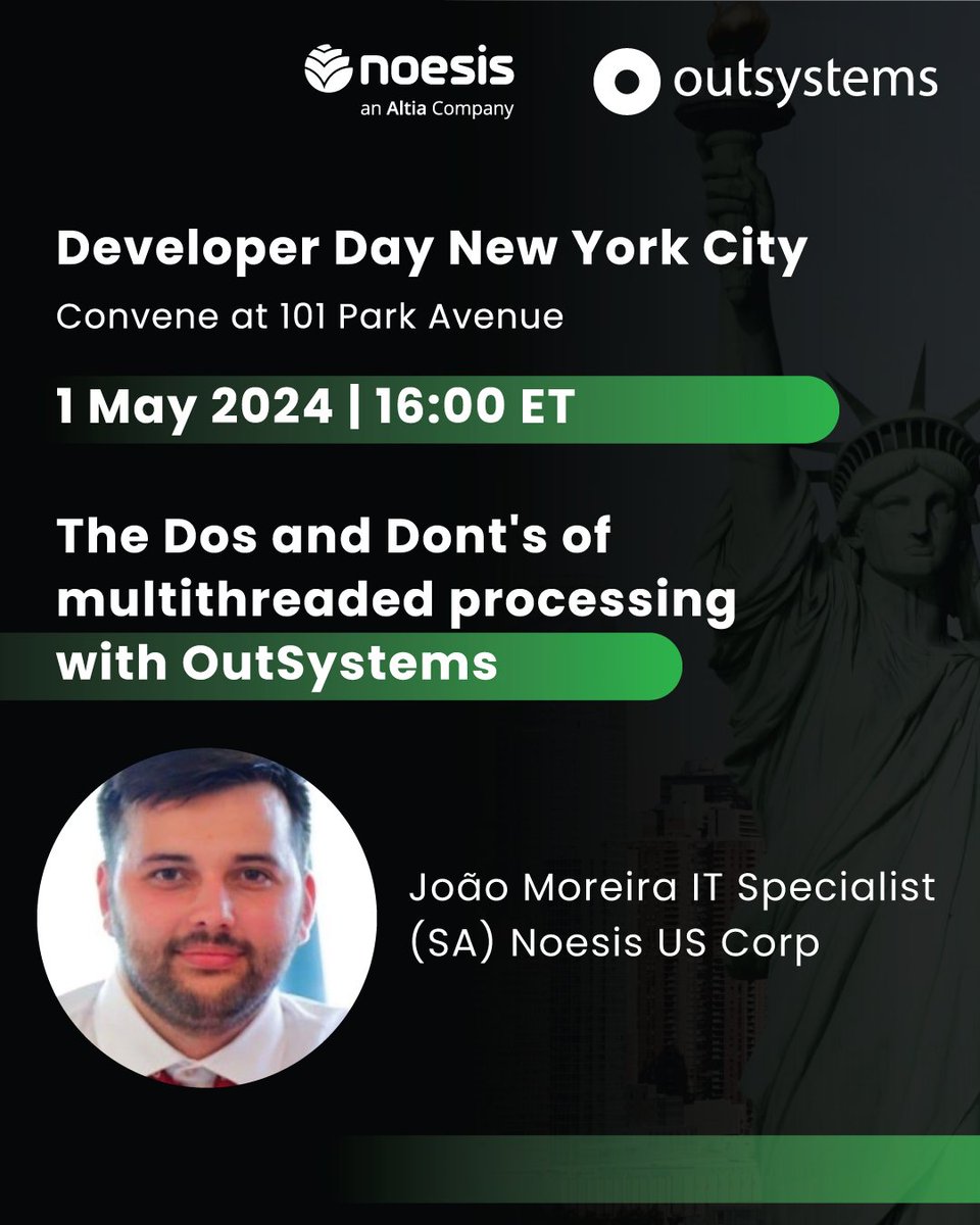 🚀 Excited for #DeveloperDayNYC tomorrow! João Moreira, IT Specialist (SA) at Noesis US Corp, will share insights on 'The pros and cons of multithreaded processing with OutSystems.' 🛠️ Join us for a day of learning, growth, and collaboration! #OutSystems #Event 🌟