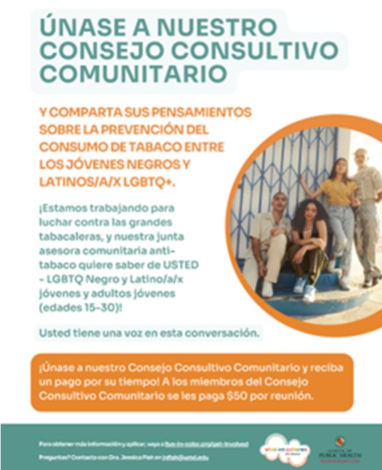 Want to get involved in helping our team prevent tobacco use among Black and Latino/a/x #LGBTQ+ youth and young adults in Maryland. Consider joining one of our Live In Color Community Advisory Boards here live-in-color.org/get-involved #PRCnetwork #mentalhealthawareness #getinvolved