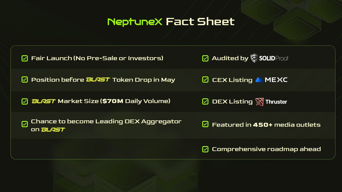 Ticker is $NPTX 👀 It's a Blast-Native DEX Aggregator. Big Market opportunity $70M+ daily volume onchain! They did a fair launch & listed on MEXC. Position yourself shortly before Blast Season + Token Drop in May. CA: 0x75483179a38d21F3608E71bbEdE5EC1314F0067D #Partner