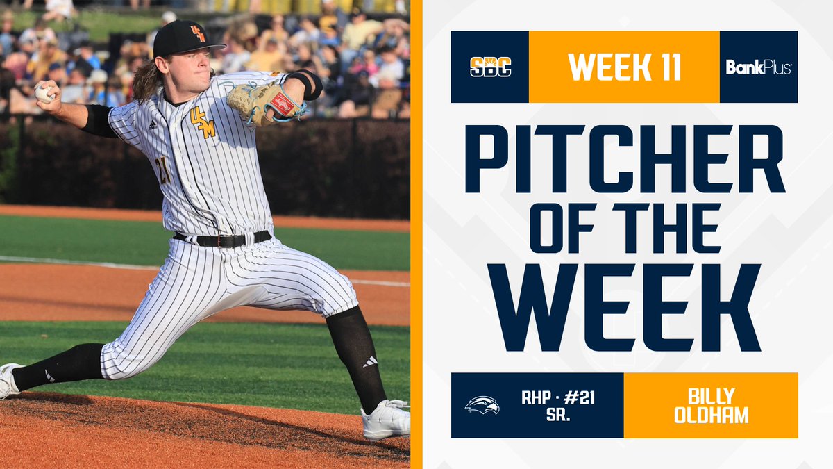 𝗕𝗜𝗟𝗟𝗬'𝗦 𝗕𝗘𝗦𝗧. @SouthernMissBSB senior right-handed pitcher @Billy_Oldham21 struck out a career-high 10 against conference-leading Louisiana en route to the #SunBeltBSB Pitcher of the Week award, presented by @BankPlus. ☀️⚾️ 📰 » sunbelt.me/3QrjltU