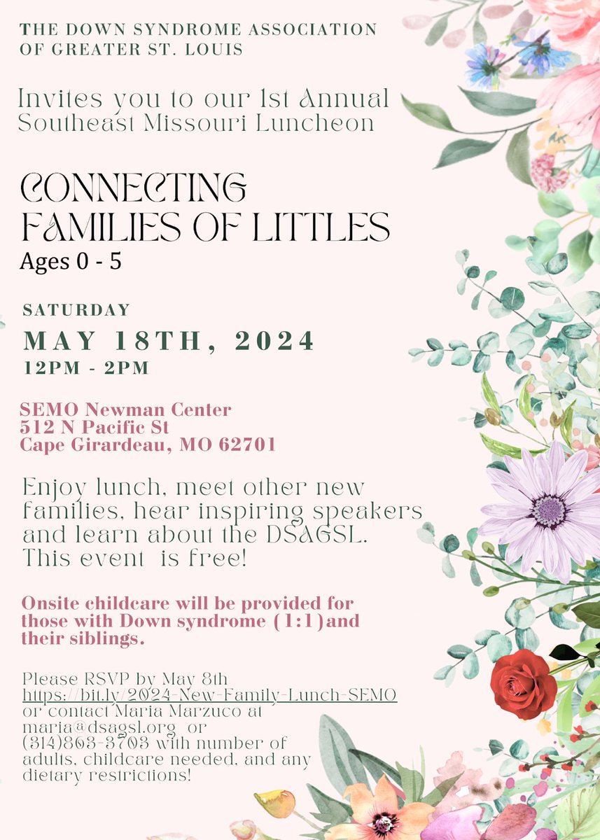 The Down Syndrome Association of Greater St. Louis - 2024 Luncheon Connecting Families of Littles Saturday, May 18th, 2024 12pm - 2pm SEMO Newman Center RSVP by May 8th 👉 bit.ly/2024-New-Famil…