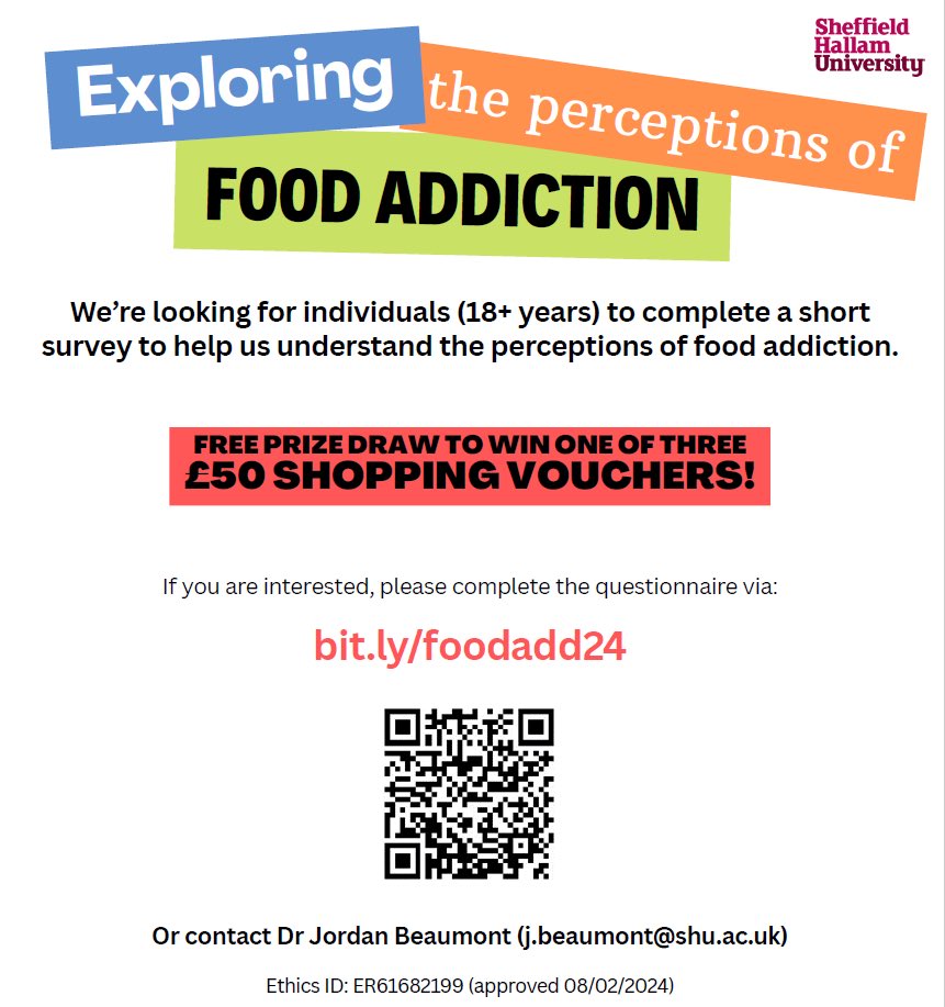🍽️ ‼️ PARTICIPANTS NEEDED ‼️ 🍽️  🤔 We’re looking to understand how people feel about *‘food addiction’* (no matter what their views). Pls complete this v short (10-15 min) survey (18y+): shusls.eu.qualtrics.com/jfe/form/SV_eK… for a chance to win 1 of 3 £50 vouchers!