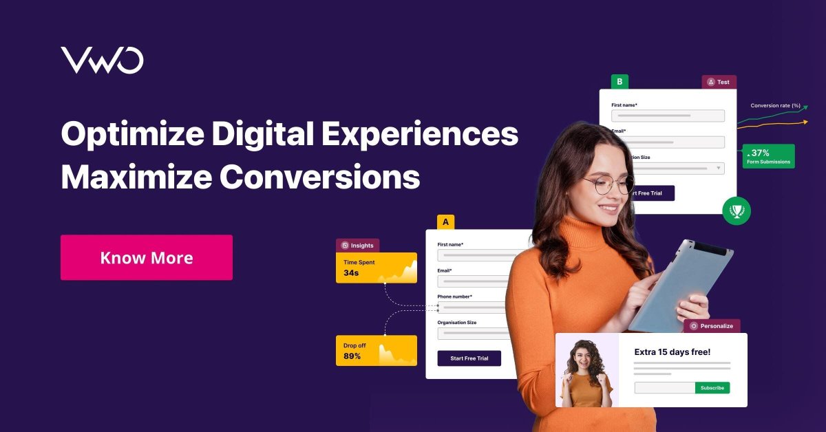 Join VWO in empowering businesses to optimize web experiences across all devices! #VWO #WebOptimization #DigitalExperience #conversionrateoptimization #splittesting #conversionrate #uxdesign #userexperience #ecommerce Start a Free Trial! buff.ly/3uTt5FQ