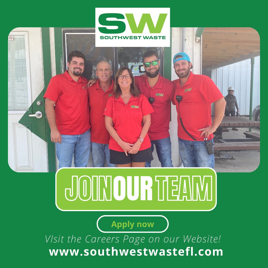 Want to join the Southwest Waste Family? 💚
Visit the careers tab on our website to learn more about how you can become a team member! 💪

#SouthwestWaste #NowHiring #ApplyNow #CustomerService #PortCharlotte #FtMyers #Naples #Sarasota