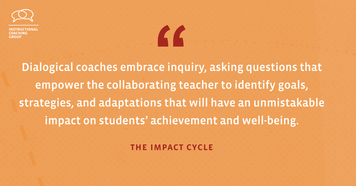 A dialogical approach balances advocacy with inquiry. Dialogical coaches do not withhold their expertise. That is the approach @CoachingPD takes when implementing the Impact Cycle, & this book provides a guide of how coaches can deploy that cycle. ow.ly/pRMK50Rkg62