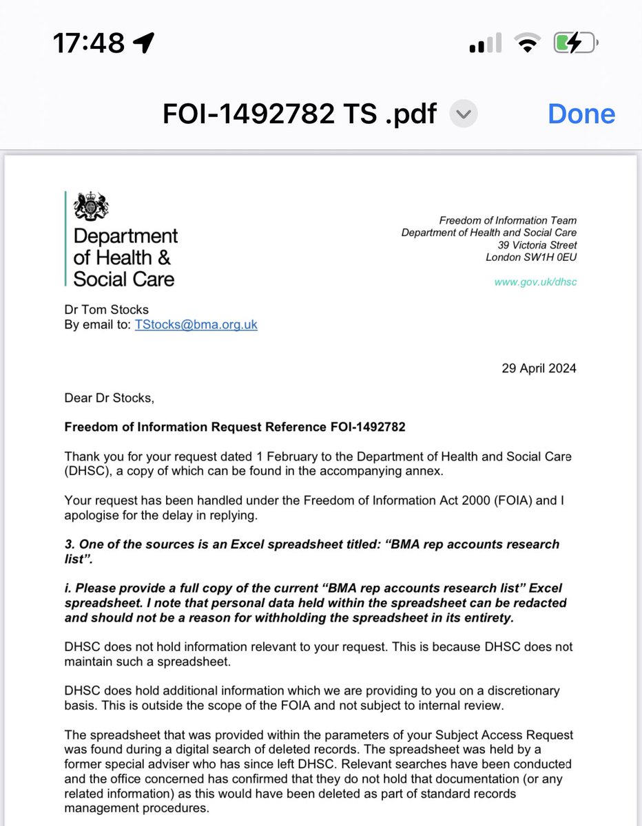 We sent the above FOI request to try and find out. 

Very many weeks later, way beyond the FOI response deadline, the DHSC eventually responded with this email. 

The BMA rep spying account was gone! deleted! vanished!

Just like that, as if it had never existed. 

8/