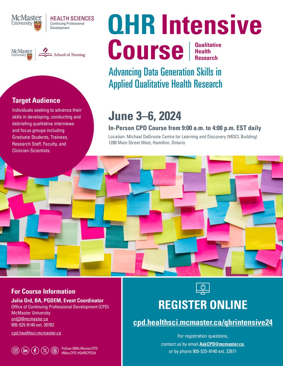 Register now for our QHR Intensive Course – Qualitative Health Research on June 3-6. This year's theme is Advancing Data Generation Skills in Applied Qualitative Health Research.

Sign up at cpd.healthsci.mcmaster.ca/qhrintensive24/

#QHRCPD24 #MacCPD #LifelongLearning #SkillsDevelopment