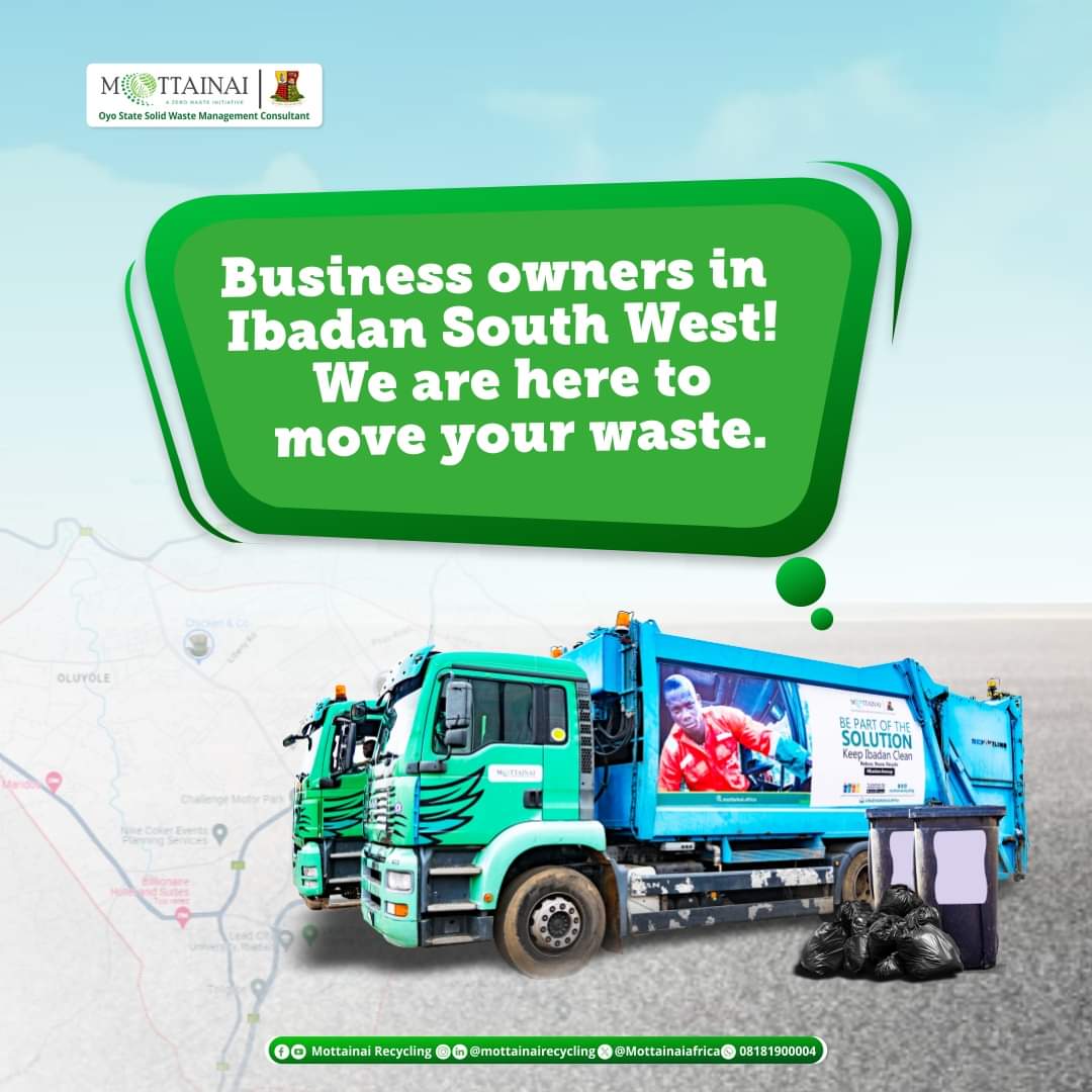 Business owners in Ibadan Southwest call 0700 080 0700 or send a WhatsApp message at 0818 190 0004 to arrange an affordable commercial waste pickup today. #MottainaiRecycling