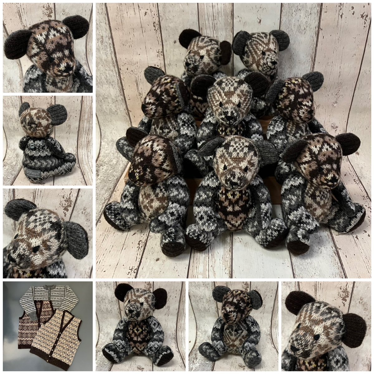 Burra Bear commissions: a family of 8 peerie Burra Bears made from a combination of three beautiful hand knitted Fair Isle garments in memory of a dear Mam and Granny, much loved and very sadly missed #burrabears #Shetland